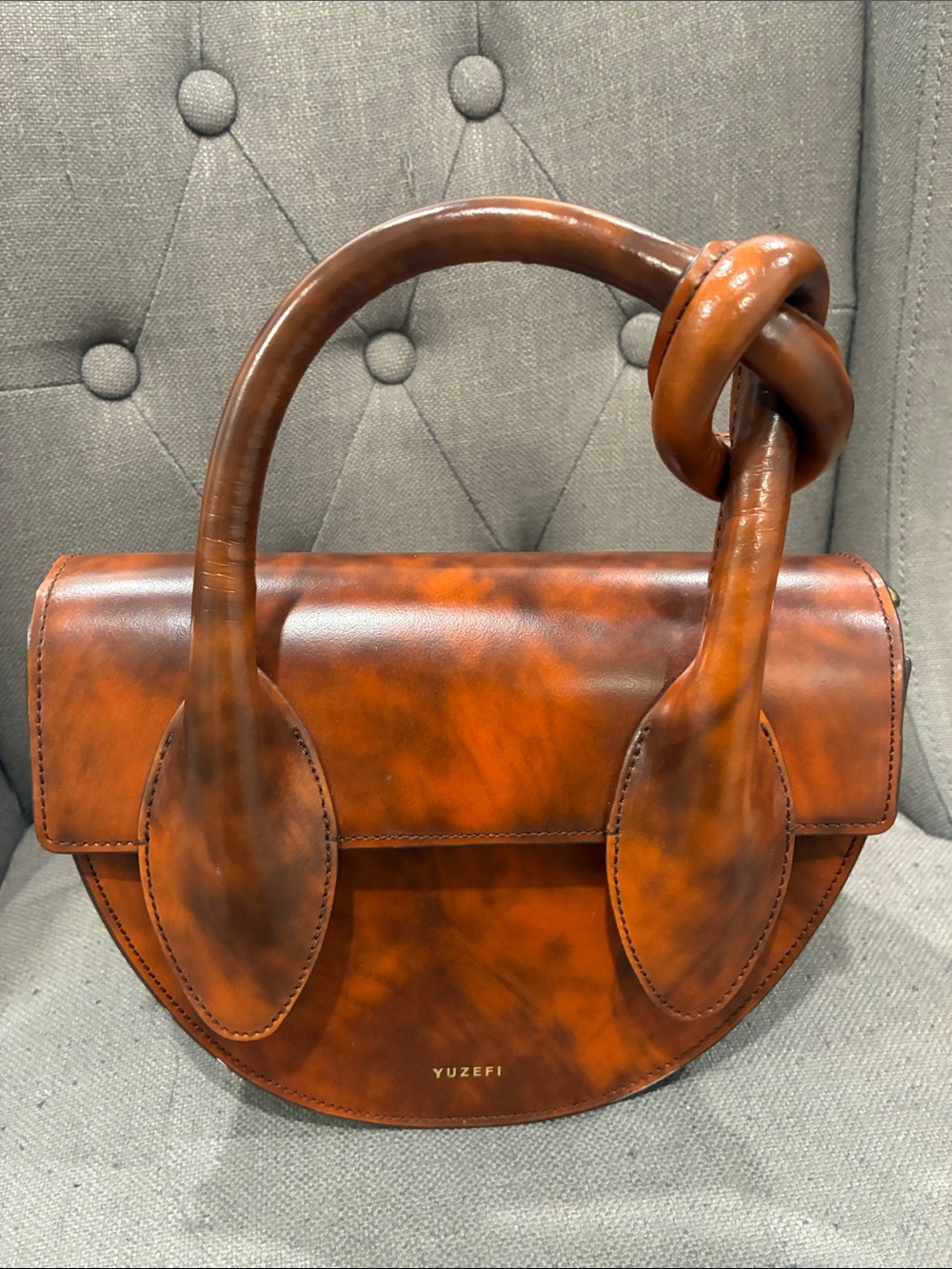 Yuzefi Cognac Marbled Leather Knot-Handle Satchel